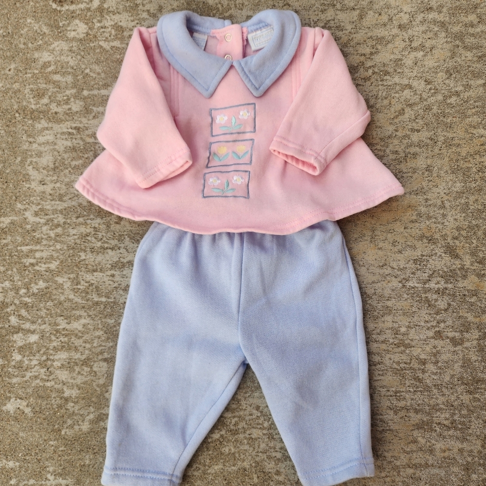 Vintage All Mine‎ Pink Blue Baby Floral Embroided Spring Cottage Outfit, Sz 3-6M